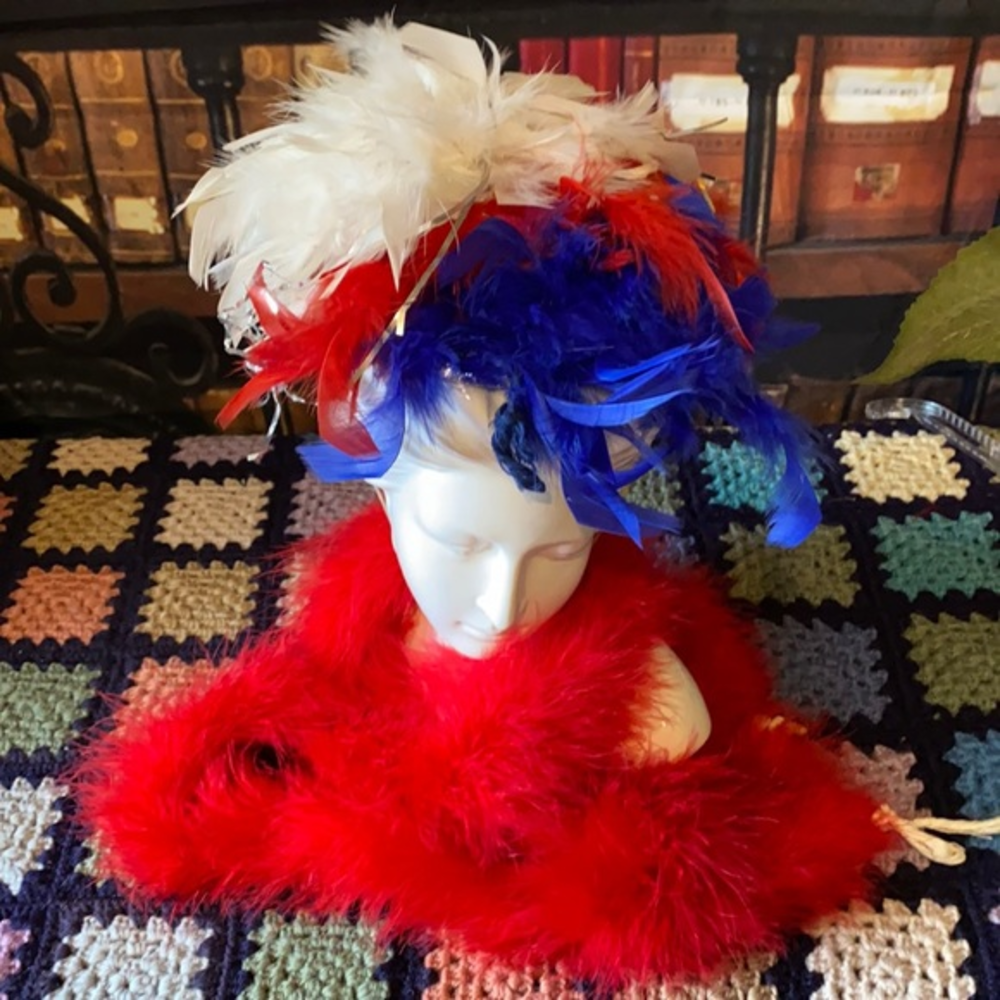 Vintage Patriotic Feather Fascinator Hat Boa Set Red White Blue